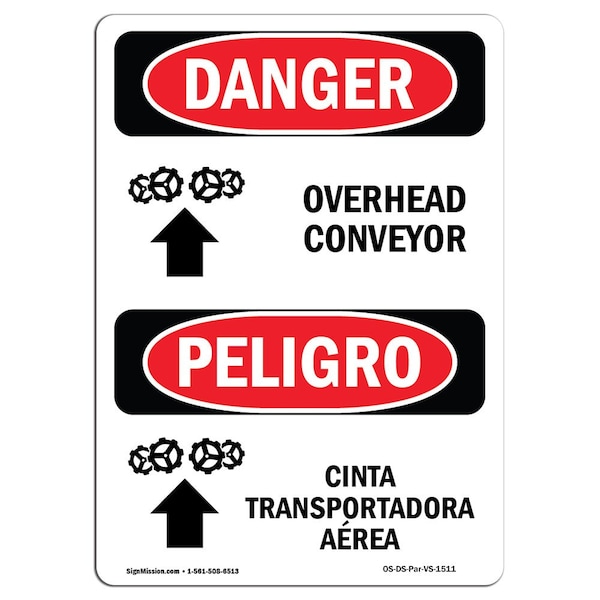 OSHA Sign, Overhead Conveyor Bilingual, 24in X 18in Rigid Plastic, 18" W, 24" H, Bilingual Spanish